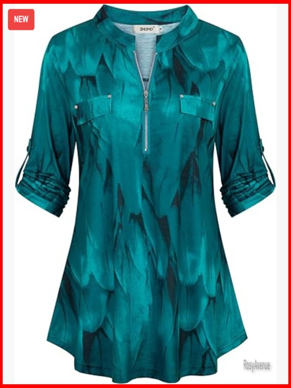 Womens Floral 3/4 Sleeve Zip Up V Neck Chiffon Blouses Top Tunics